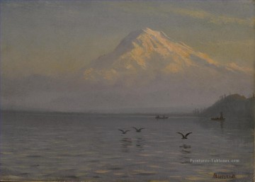 VUE MOUNT RAINIER WITH FISHERMEN American Albert Bierstadt lake landscape Peinture à l'huile